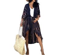 Femmes Robe Bikini de Plage Longue Boheme Maxi, Front Ouvert Floraux Chemisier Kimono Bikini Cover-Up Villégiature (Marine,Taille Unique)