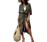 Femmes Robe Bikini de Plage Longue Boheme Maxi, Front Ouvert Floraux Chemisier Kimono Bikini Cover-Up Villégiature (Vert Militaire,Taille Unique)