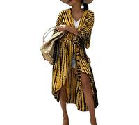 Femmes Robe Bikini de Plage Longue Boheme Maxi, Front Ouvert Floraux Chemisier Kimono Bikini Cover-Up Villégiature (Jaune,Taille Unique)