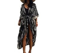 Femmes Robe Bikini de Plage Longue Boheme Maxi, Front Ouvert Floraux Chemisier Kimono Bikini Cover-Up Villégiature (Noir,Taille Unique)