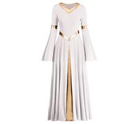 Femmes Robe de Louange Liturgique Métallique Robes de Danse Lyriques Manches Longues V Cou Décontracté Plissé Jupe Swing église Adoration Vêtements de Prière Costume de Danse de Salle de Bal