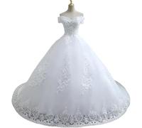 Femmes Robe De Mariée pour Mariée sans Manches Col en V Longue Épaule Dénudée Robe De Mariée, White, 14