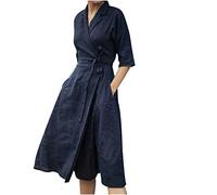 Femmes Robe de Travail Chic et Elegant Décontractée Cotton en Line à Manches 3/4 Longues Femme Élégant Maxi Robes De Soie avec Poches Ete Pas Cher Grande Taille Jupe avec Ceinture