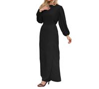 Femmes Robe Décontractée à Manches Longues Caftan Moyen-Orient Manches Longues Robe de Cocktail avec Taille Moulante Robes Col Rond Midi Robe Moyen-Orient Robe de Soirée, Noir , XXL