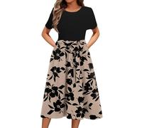 Femmes Robes d'Été Col Rond Élégant Curvy Manches Courtes Taille Haute Midi Robes Longues Décontracté Large Floral Confortable et Doux Robe avec Poches Vacances Mer Plage Vintage Robe de Soirée, Café