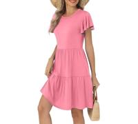 Femmes Robes d'été Manches Courtes Col Rond Décontracté Swing Taille élastique avec Poche Robe de Midi Couleur Unie pour Les Femme S-2XL,Rose,XXL,F930R