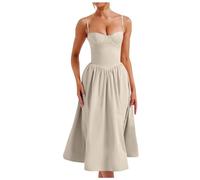 Femmes Robes d'été Manches V Cou Décontracté Swing Taille élastique avec Poche Robe De Midi pour Les Femme S-2XL Womens Boho Maxi Dresses Maillot de Bain Cover Up Tendance （Beige,M）
