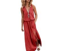 Femmes Robes d'été Manches V Cou Décontracté Swing Taille élastique avec Poche Robe De Midi pour Les Femme S-2XL Indian Dress for Women Bikini Cover Up Tunique Cardigan Tendance （Rouge,XXL）