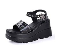 Femmes Sandales Plateforme Gothique Escarpins Araignée Compensées Bout ouvert Boucle métallique réglable Épaisse Punk Eté Talon Haut Pour école fêtes travail plage rendez vous(Black shiny leather,42 E