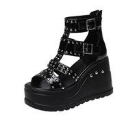 Femmes Sandales Plateforme Gothique Escarpins Clous Épaisses Compensées Bottines Boucles Creuses Peep Toe Blocs Punk Eté Talon Haut pour école fête Travail Danse Rendez Vous Noir 3.93 in(36 EU)