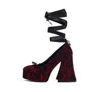 Femmes Sandales Plateforme Gothique Escarpins Dentelle Fleurs Épaisses Punk Bretelles croisées Bout rond Bout carré Été talon haut Chaussures Pour école, fêtes, travail, danse, rendez vous 4.72IN(Red,