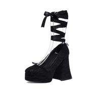 Femmes Sandales Plateforme Gothique Escarpins Dentelle Fleurs Épaisses Punk Bretelles croisées Bout rond Bout carré Été talon haut Chaussures Pour école, fêtes, travail, danse, rendez vous 4.72IN(Blac