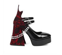 Femmes Sandales Plateforme Gothique Escarpins Fleur en dentelle Épaisse Punk Perles Droites Boucle Bout rond Bloc Eté talon haut Chaussures Pour l'écolefêtes travail danse rendez vous 4.72IN(Black pat