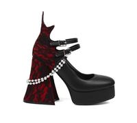 Femmes Sandales Plateforme Gothique Escarpins Fleur en dentelle Épaisse Punk Perles Droites Boucle Bout rond Bloc Eté talon haut Chaussures Pour l'écolefêtes travail danse rendez vous 4.72IN(Black PU,