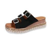 Femmes Sandales Wedge Roman Strass Glitter Metal Buckle Sandale réglable Crochet Loop Open Toe Slope Bottom Slip sur Chaussures Plage de vacances Chaussons décontractées confortables (Black, 42)