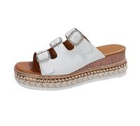 Femmes Sandales Wedge Roman Strass Glitter Metal Buckle Sandale réglable Crochet Loop Open Toe Slope Bottom Slip sur Chaussures Plage de vacances Chaussons décontractées confortables (White, 38)