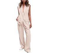 Femmes sans Manches Col en V Petit Costume Pantalon Droit Ensemble Élégant Deux Pièces Blazer Bustier Ensemble Pantalon d'affaires Large Jambe Deux Pièces Ensemble (Abricot,XXL)
