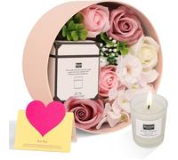 Femmes Savon Fleur Boîte Ronde avec Bougies Parfumées Rose, Fleur Artificielle Coffret Cadeau Maman Personnalisé Anniversaire Fête