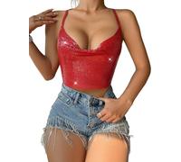 Femmes scintillantes paillettes métalliques Backless Crop Top profond V col Halter poitrine chaîne haut pour la fête du club