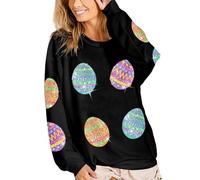 Femmes Sequin Easter Egg Knit Top - Couleur Unie Manches Longues Pull pour Automne, Noir , S