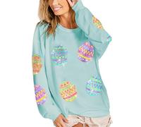 Femmes Sequin Easter Egg Knit Top - Couleur Unie Manches Longues Pull pour Automne, Vert, S