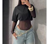Femmes Sexy Top Court à Manches Courtes en Maille Transparente, Body Sexy Transparent de Couleur Unie pour Boîte de Nuit, Rendez-vous, Soirée Célibataire, Représentation sur Scène, Élégant Noir Printe