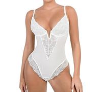 Femmes Sexy V Neck Lace Bodysuit Tummy Control Thong Shapewear Body Shaper Tops Built In Bra Leotard Underwear (Color : White, Size : L)
