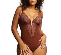 Femmes Sexy V Neck Lace Bodysuit Tummy Control Thong Shapewear Body Shaper Tops Built In Bra Leotard Underwear (Color : Brown, Size : XXL)