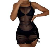 Femmes Sheer Mesh Cover Up Short Beach Cover Up Beach Wrap Bikini Wraps Solid Pom Sheer Chiffon Cover Up (Black, L)