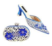 Femmes Soirée Talons Sparkling Mini Bag Set Italian Design Strass Chaussures avec Pochette Assortie pour Mariage, bleu marine, 42.5 EU