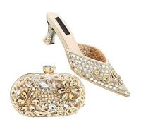 Femmes Soirée Talons Sparkling Mini Bag Set Italian Design Strass Chaussures avec Pochette Assortie pour Mariage, doré, 43.5 EU