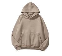 Femmes Solide Basic Polaire Lettre Lâche Sweat à Capuche Sweatshirt Manches Longues Poche Drop Épaule Pull Top, kaki, L