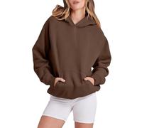 Femmes Solide Basic Polaire Lettre Lâche Sweat à Capuche Sweatshirt Manches Longues Poche Drop Épaule Pull Top, marron, S