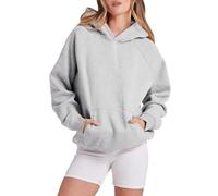 Femmes Solide Basic Polaire Lettre Lâche Sweat à Capuche Sweatshirt Manches Longues Poche Drop Épaule Pull Top, gris, XL