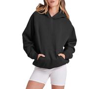 Femmes Solide Basic Polaire Lettre Lâche Sweat à Capuche Sweatshirt Manches Longues Poche Drop Épaule Pull Top, Noir , S