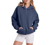 Femmes Solide Basic Polaire Lettre Lâche Sweat à Capuche Sweatshirt Manches Longues Poche Drop Épaule Pull Top, Marine, S