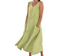 Femmes Solide Col Rond Sans Manches Poche Casual Robe - Lin Long Gilet Robe, vert menthe, 3XL