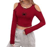 Femmes Spider Broderie Tricot Côtelé Épaules Dénudées Manches Longues Crop-Fashion Casual Y2K Style Slim Fit Tops Chemise Automne Hiver Streetwear, Rouge, M