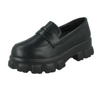 Femmes Spot On Chaussures Mocassins Semelle Large À Enfiler Noir Vernis