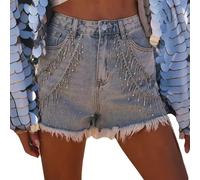 Femmes Strass Gland Jeans Shorts Taille Haute Paillettes Effiloché Raw Hem D'Été Denim Court,Bleu,XL
