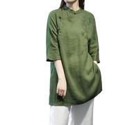 Femmes Style Chinois Coton Lin Longue Chemise - Vintage Brodé Hanfu Tunique avec Boutons Grenouille Coupe Ample Zen Blouse pour Méditation Thé Cérémonie Casual Summer Wear, Vert, 3XL