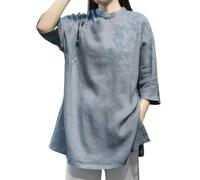 Femmes Style Chinois Coton Lin Longue Chemise - Vintage Brodé Hanfu Tunique avec Boutons Grenouille Coupe Ample Zen Blouse pour Méditation Thé Cérémonie Casual Summer Wear, bleu, XL