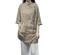 Femmes Style Chinois Coton Lin Longue Chemise - Vintage Brodé Hanfu Tunique avec Boutons Grenouille Coupe Ample Zen Blouse pour Méditation Thé Cérémonie Casual Summer Wear, kaki, XL