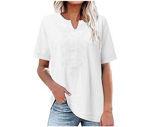 Femmes T-Shirts à Manches Courtes Coton et Lin Brodée Imprimé Fleurie Chemisier Chic et élégant Printemps D'été Lâches Respirant Couleur Unie Hauts Polyvalente Bureau Travail Tunique Top Pas Cher