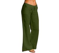 Femmes Taille Haute Pantalon Large Jambe Cordon élastique Pantalon Confortable Jambe Droite Long avec Poches Femme en Lin Coton (Green XL)