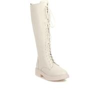 Femmes Talon Bas Lacets Bottes Hautes Motard Armée Combat Militaire Équitation Mi-Mollet, Black1, 5 UK