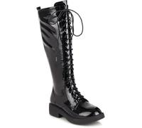 Femmes Talon Bas Lacets Bottes Hautes Motard Armée Combat Militaire Équitation Mi-Mollet, Black2, 3 UK