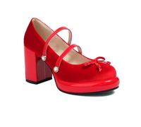 Femmes Talon Bloc Hauts Plateforme Mary Janes Fermé Bout Rond Chaussures De Robe avec Nœud Bride À La Cheville Chaussures Lolita,Rouge,39 EU