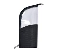 Femmes tenant une trousse de maquillage semi-ronde transparente, un organiseur de pinceaux de maquillage