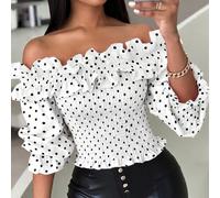 Femmes Top court à épaules dénudées, volants et pois noirs et blancs. Blouse d'été décontractée L,M,S,XL,XS,XXLPoisTissu tissé